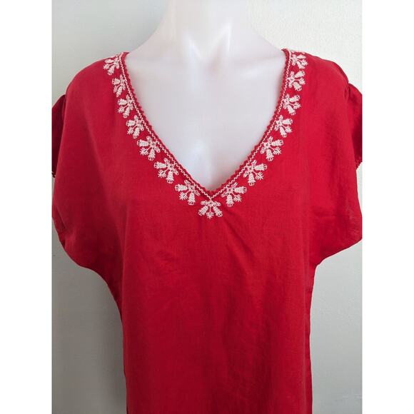 New Zara Basic Size Large Embroidered Shift Dress Red White Linen Short Sleeves - Picture 13 of 16